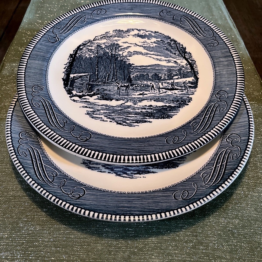 VTG Currier & Ives "Getting Ice"  Ironstone Stoneware Platter 12"~Set Of 2